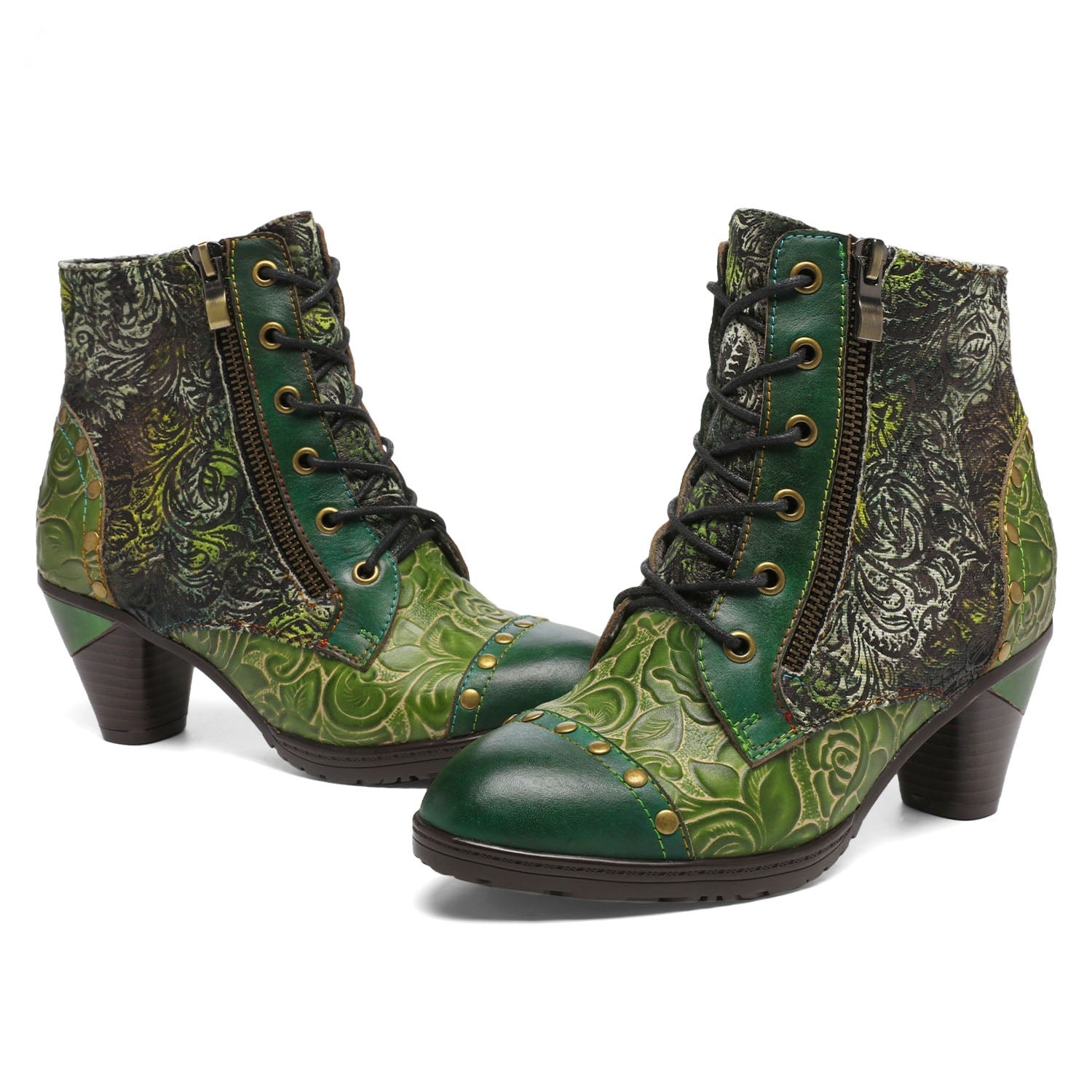 Vicconfy Retro Handmade Leather Patchwork Ankle Boots
