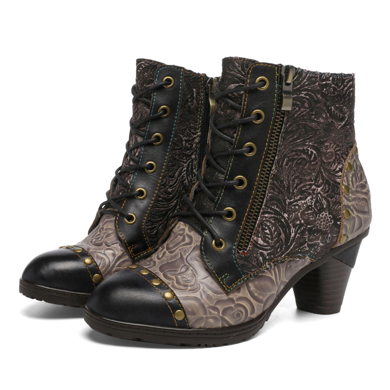 Vicconfy Retro Handmade Leather Patchwork Ankle Boots