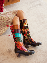 Vicconfy | Delora Floral Contrast Stripe Wide Calf Leather Knee High Boots