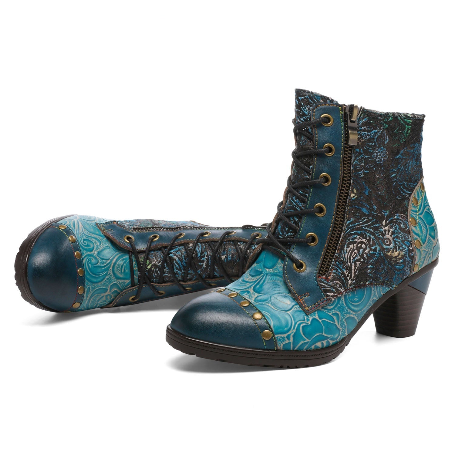 Vicconfy Retro Handmade Leather Patchwork Ankle Boots