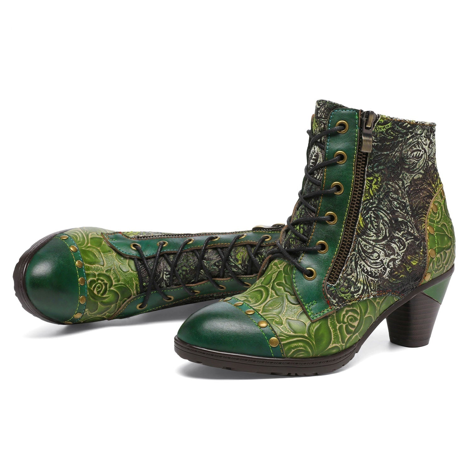 Vicconfy Retro Handmade Leather Patchwork Ankle Boots