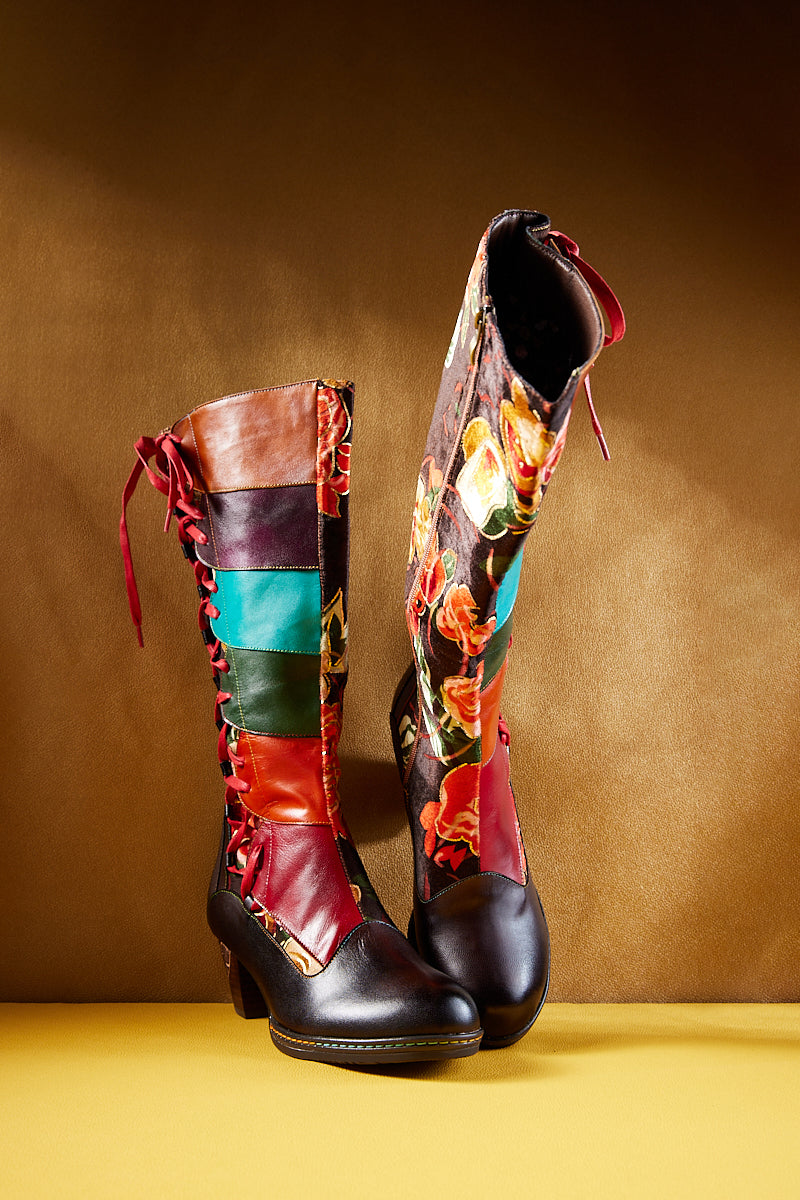 Vicconfy | Delora Floral Contrast Stripe Wide Calf Leather Knee High Boots