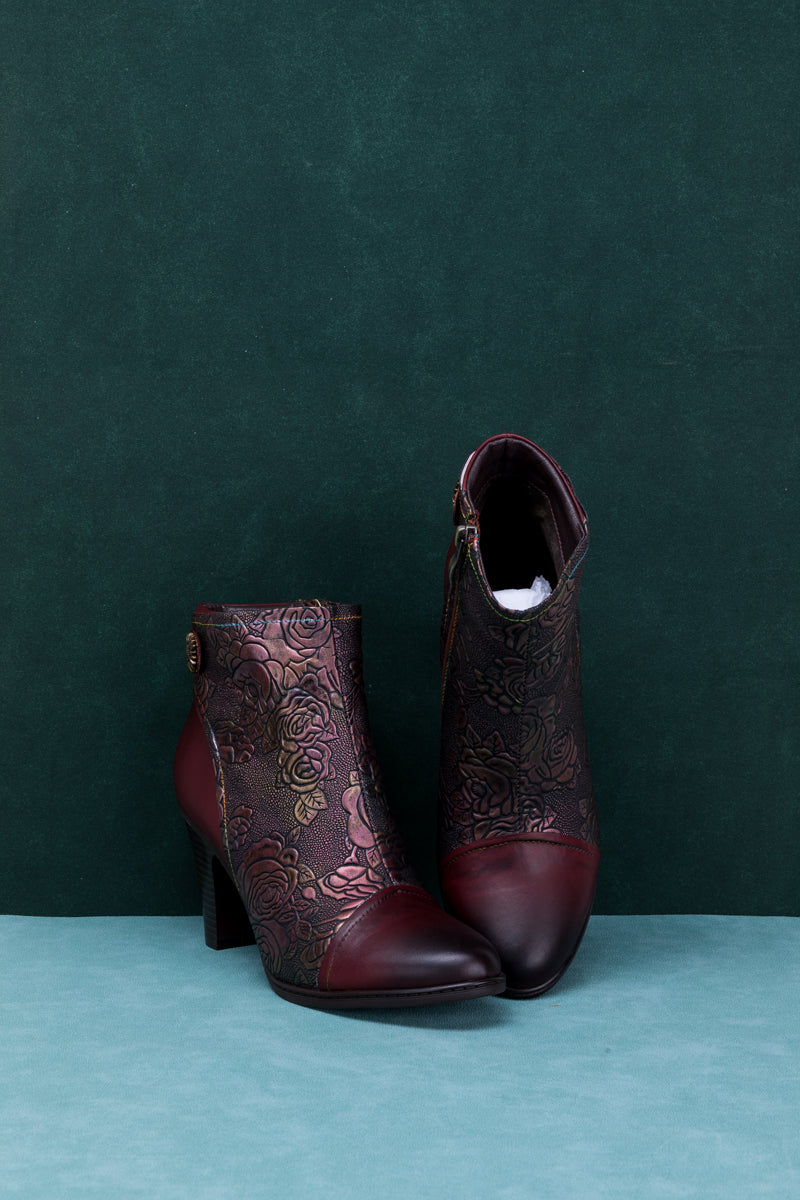 Vicconfy | FLORAL EMBOSSED METALLIC LEATHER ANKLE BOOT - CLARET