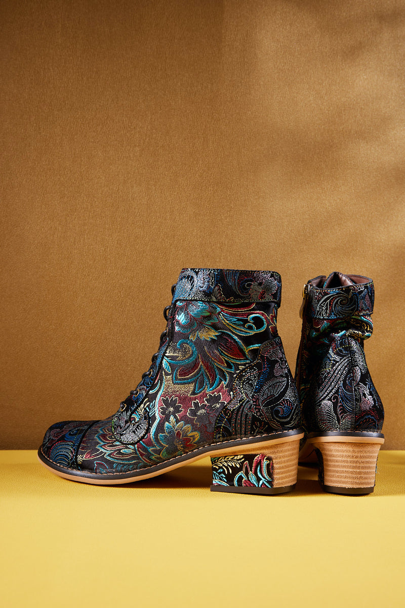 Vicconfy | Frances Floral Leather Block Heel Ankle Boots