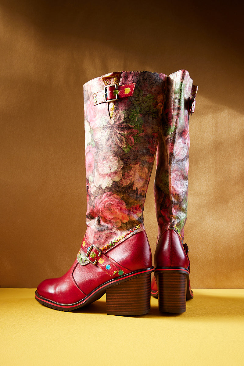Vicconfy | Maude Floral Wide Calf Leather Knee High Boots