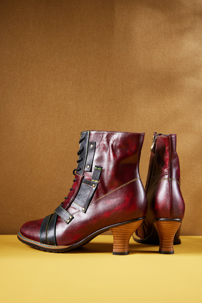 Vicconfy | Felicia Patchwork Leather Kitten Heel Ankle Boots