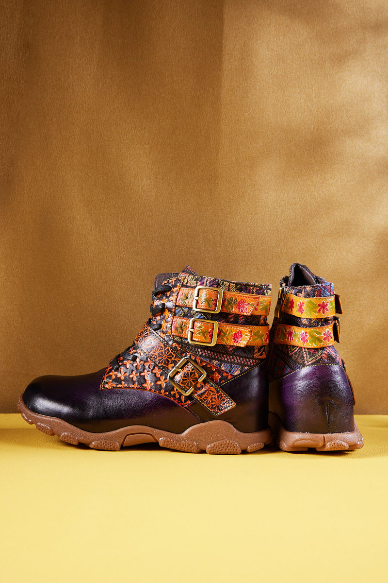 Vicconfy | Nichols Floral Embossed Leather Combat Boots