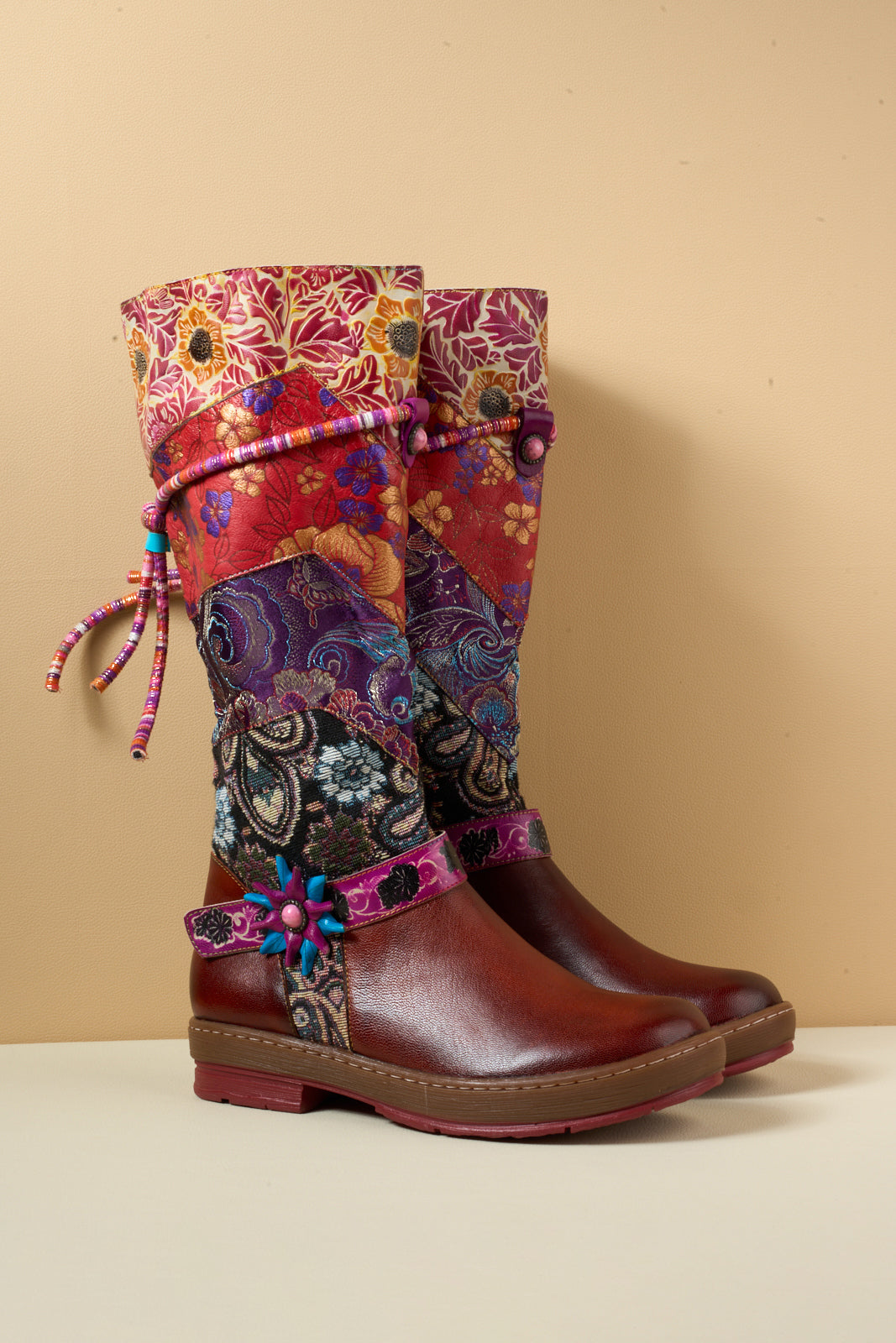 Vicconfy | Daylen Floral Embroidery Leather Knee-High Boots