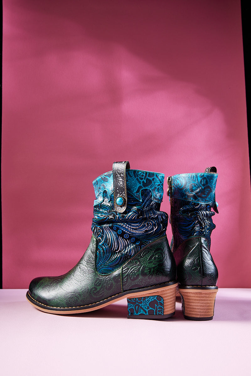Vicconfy | Zandra Floral Embossed Leather Ankle Boots