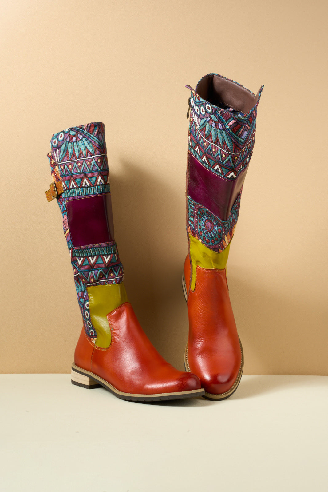 Vicconfy | Cozy Up Abstract Embroidered Leather Knee-High Boots