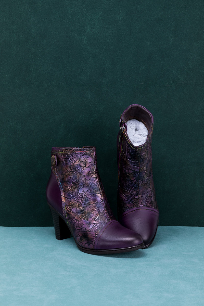 Vicconfy | FLORAL EMBOSSED METALLIC LEATHER ANKLE BOOT - PURPLE