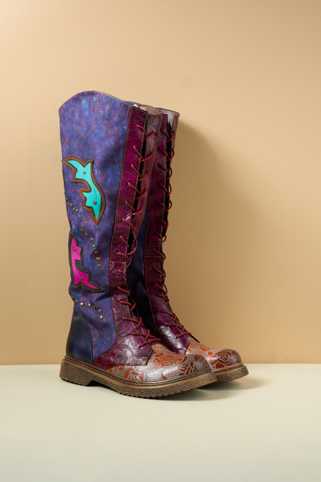 Vicconfy | Full of Whimsy Floral Embossed Leather Knee-High Boots