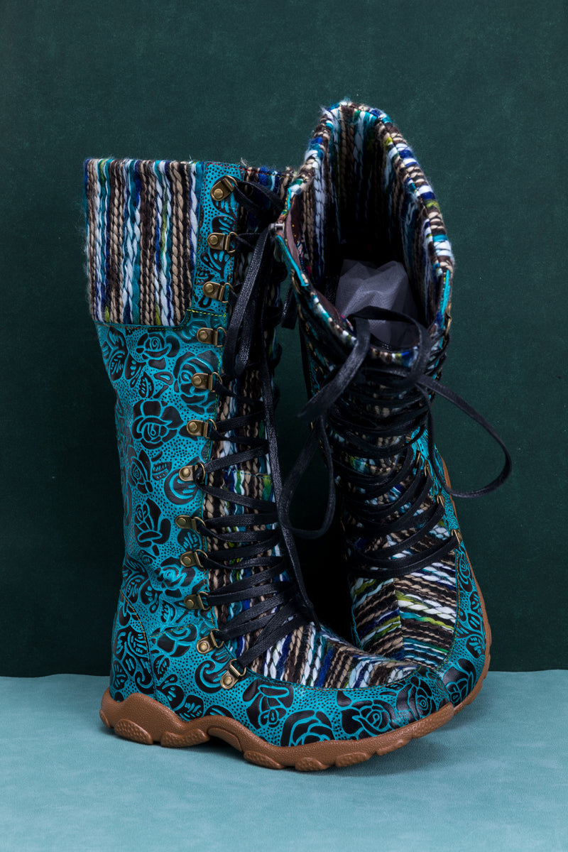 Vicconfy | ROSE EMBOSSED TEAL LEATHER TIE-ACCENT BOOT