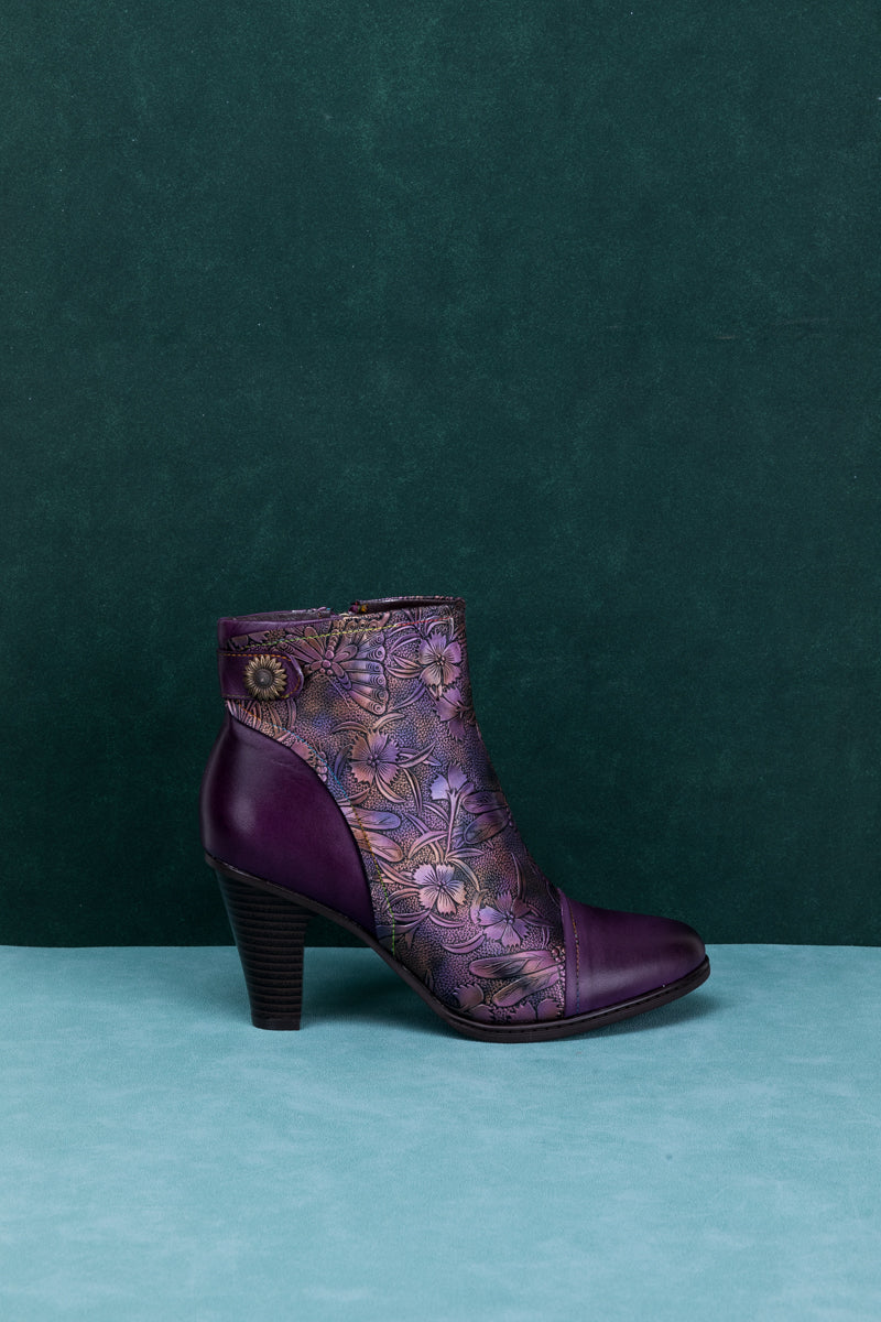Vicconfy | FLORAL EMBOSSED METALLIC LEATHER ANKLE BOOT - PURPLE