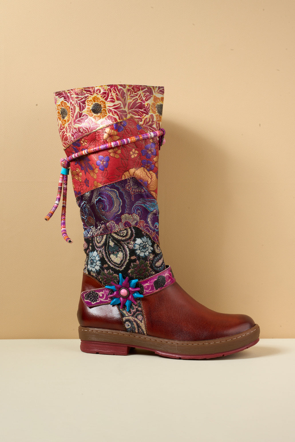Vicconfy | Daylen Floral Embroidery Leather Knee-High Boots