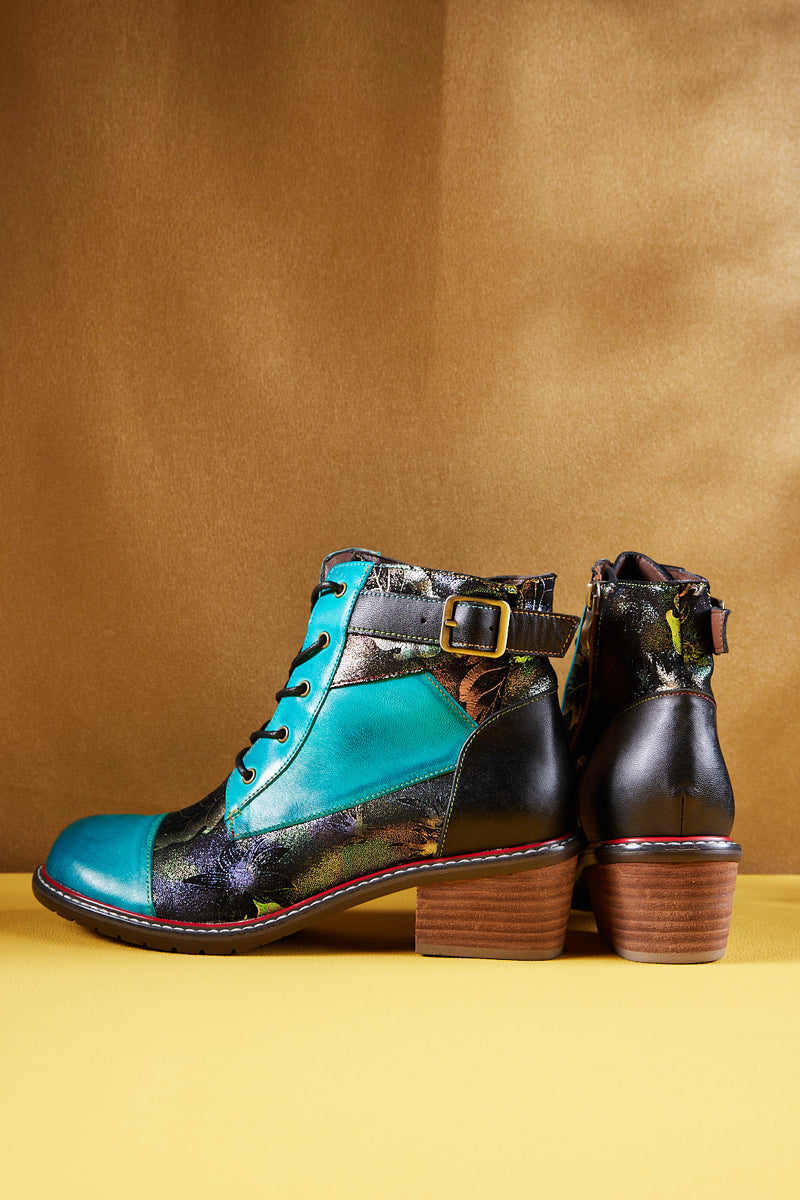 Vicconfy | Macie Glam Floral Leather Ankle Boots