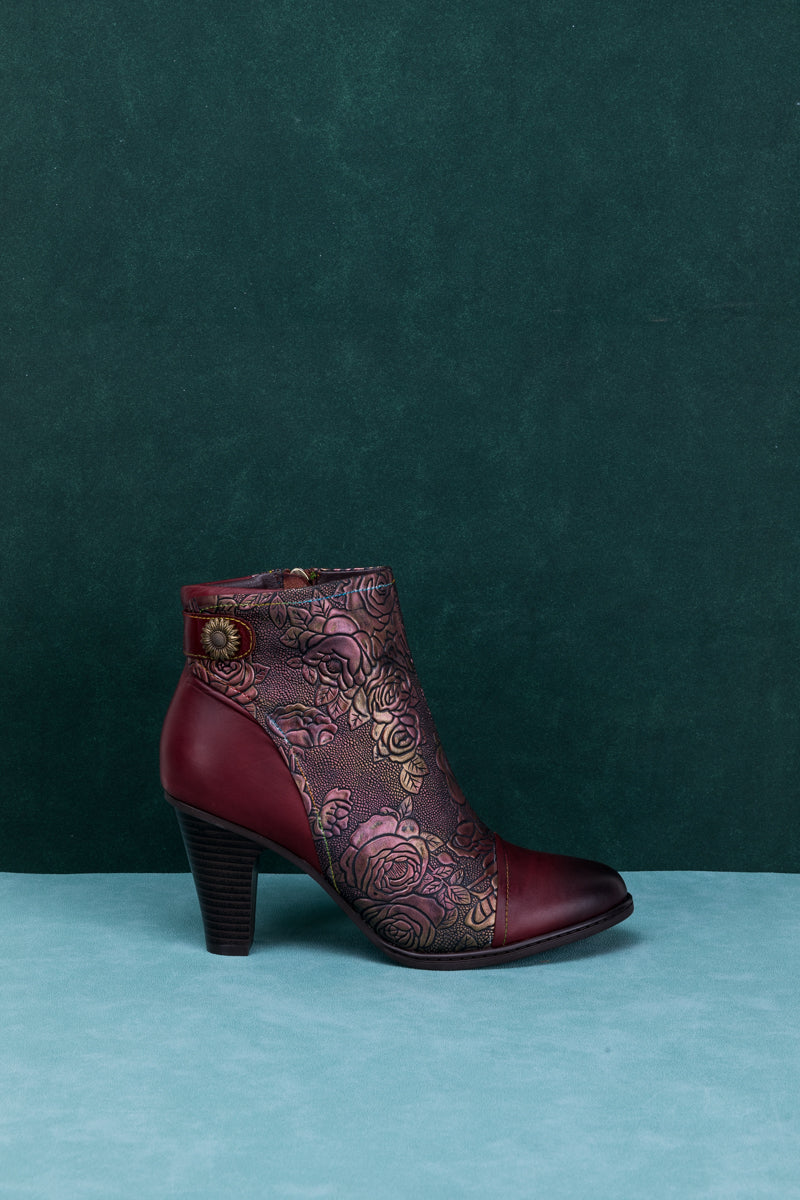 Vicconfy | FLORAL EMBOSSED METALLIC LEATHER ANKLE BOOT - CLARET