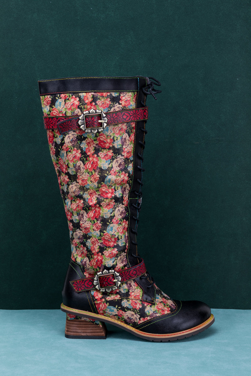 Vicconfy | BLOOMING FLORAL TIE-ACCENT LEATHER KNEE HIGH BOOT