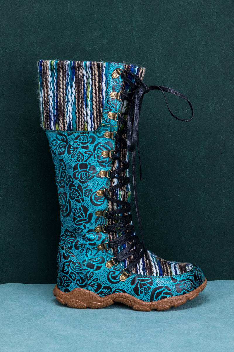 Vicconfy | ROSE EMBOSSED TEAL LEATHER TIE-ACCENT BOOT