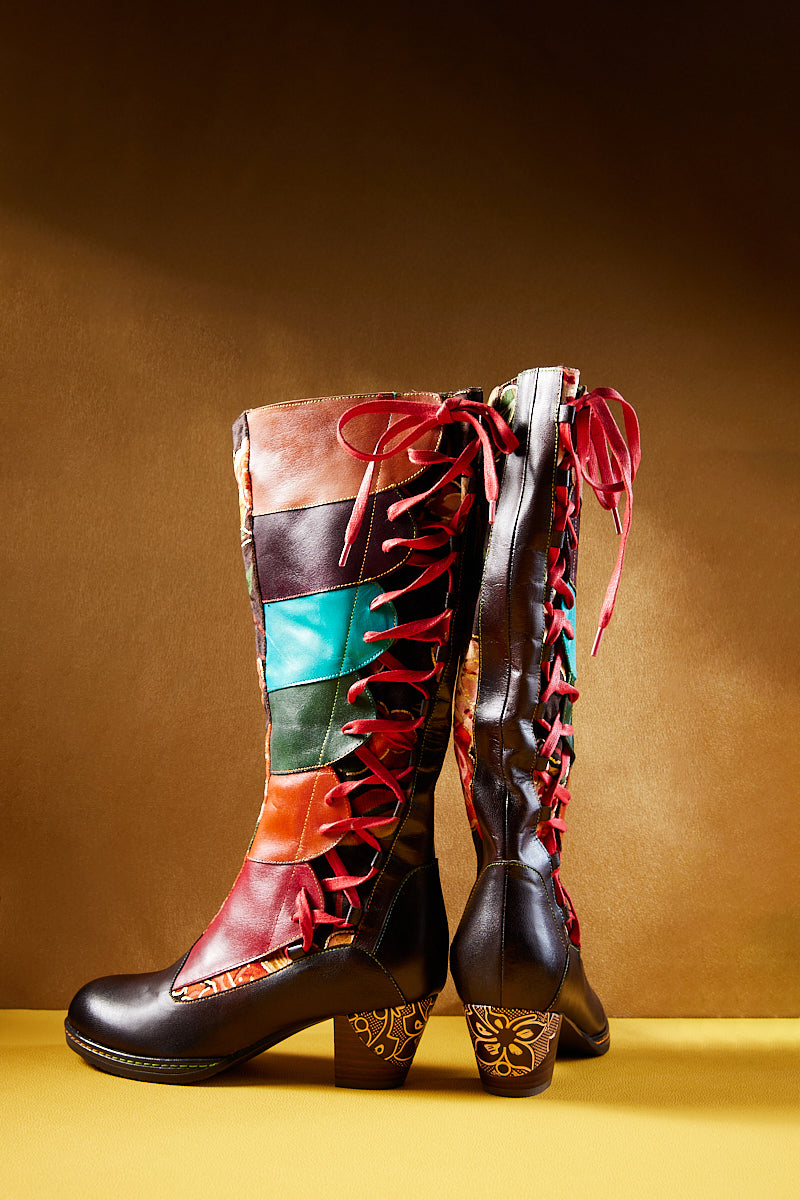 Vicconfy | Delora Floral Contrast Stripe Wide Calf Leather Knee High Boots