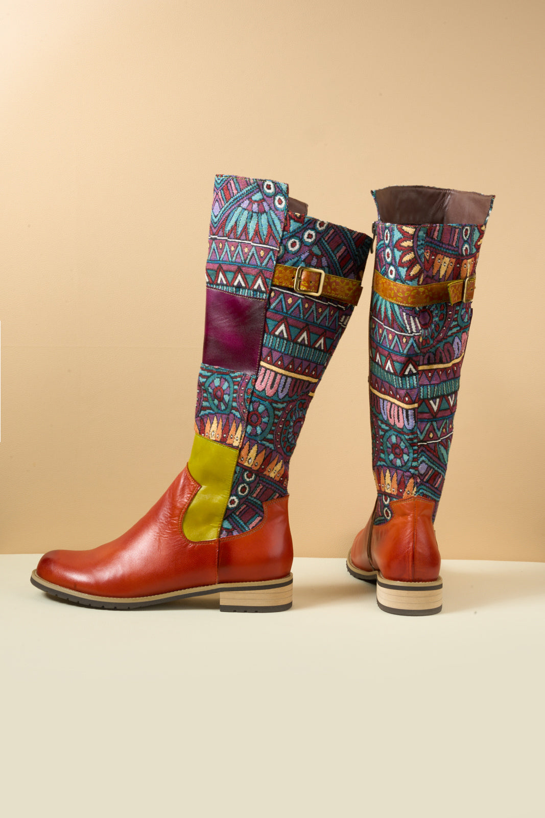Vicconfy | Cozy Up Abstract Embroidered Leather Knee-High Boots