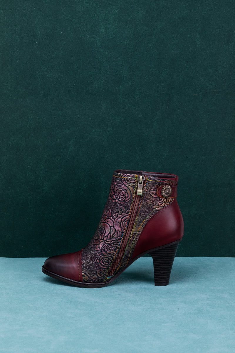 Vicconfy | FLORAL EMBOSSED METALLIC LEATHER ANKLE BOOT - CLARET