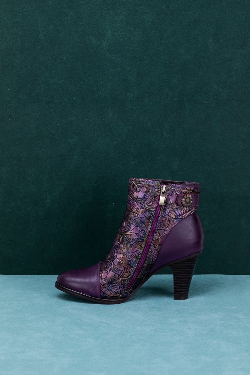Vicconfy | FLORAL EMBOSSED METALLIC LEATHER ANKLE BOOT - PURPLE