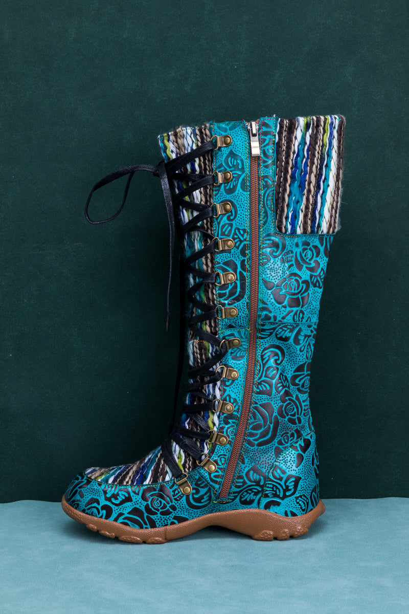 Vicconfy | ROSE EMBOSSED TEAL LEATHER TIE-ACCENT BOOT