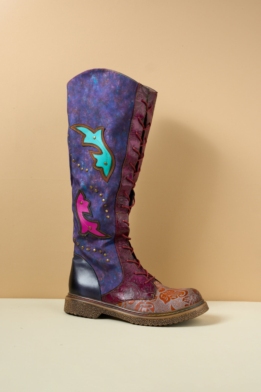 Vicconfy | Full of Whimsy Floral Embossed Leather Knee-High Boots