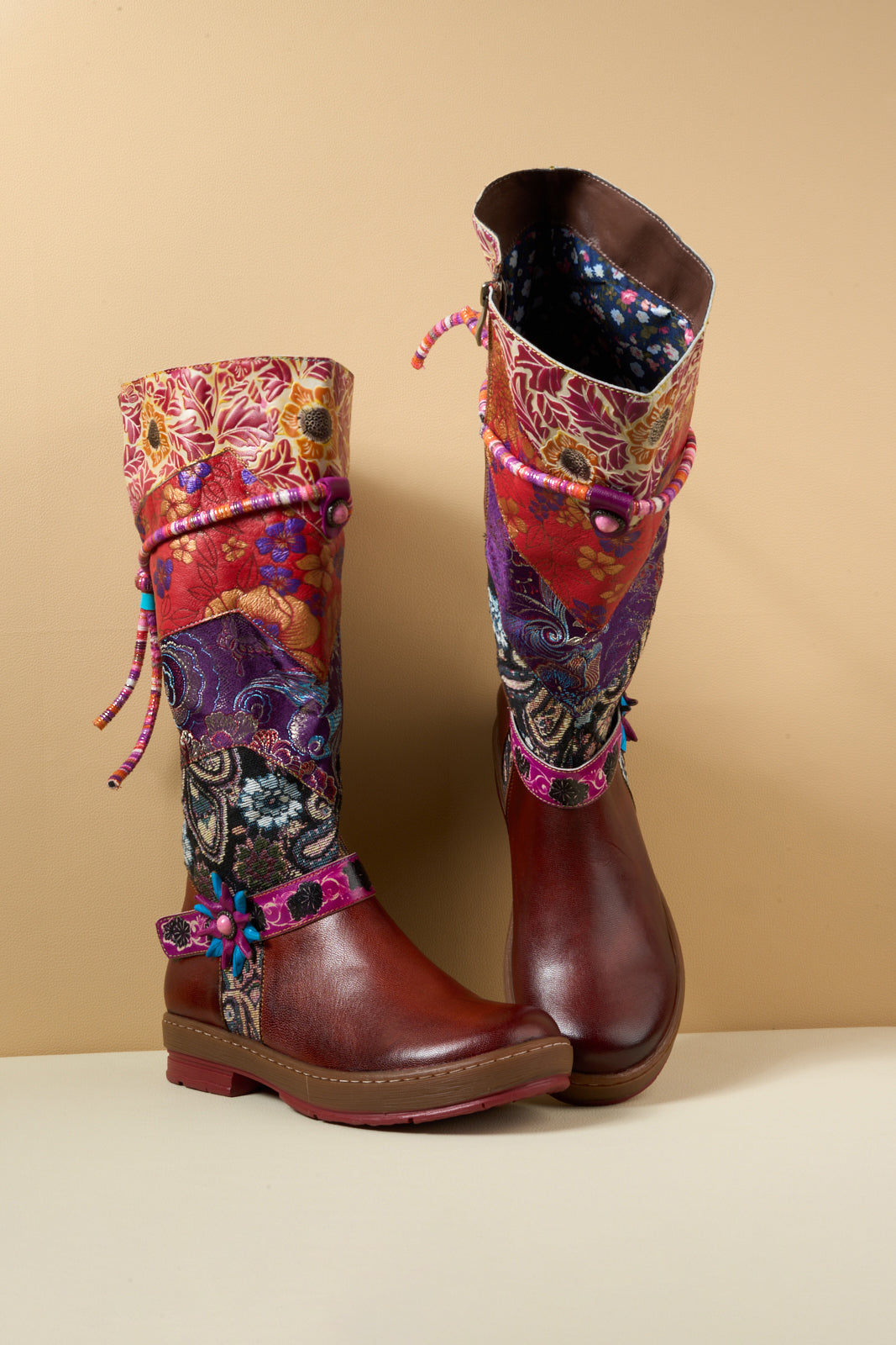 Vicconfy | Daylen Floral Embroidery Leather Knee-High Boots