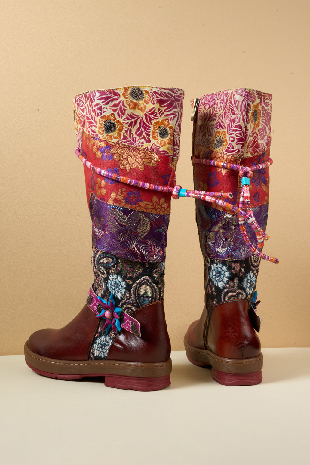 Vicconfy | Daylen Floral Embroidery Leather Knee-High Boots