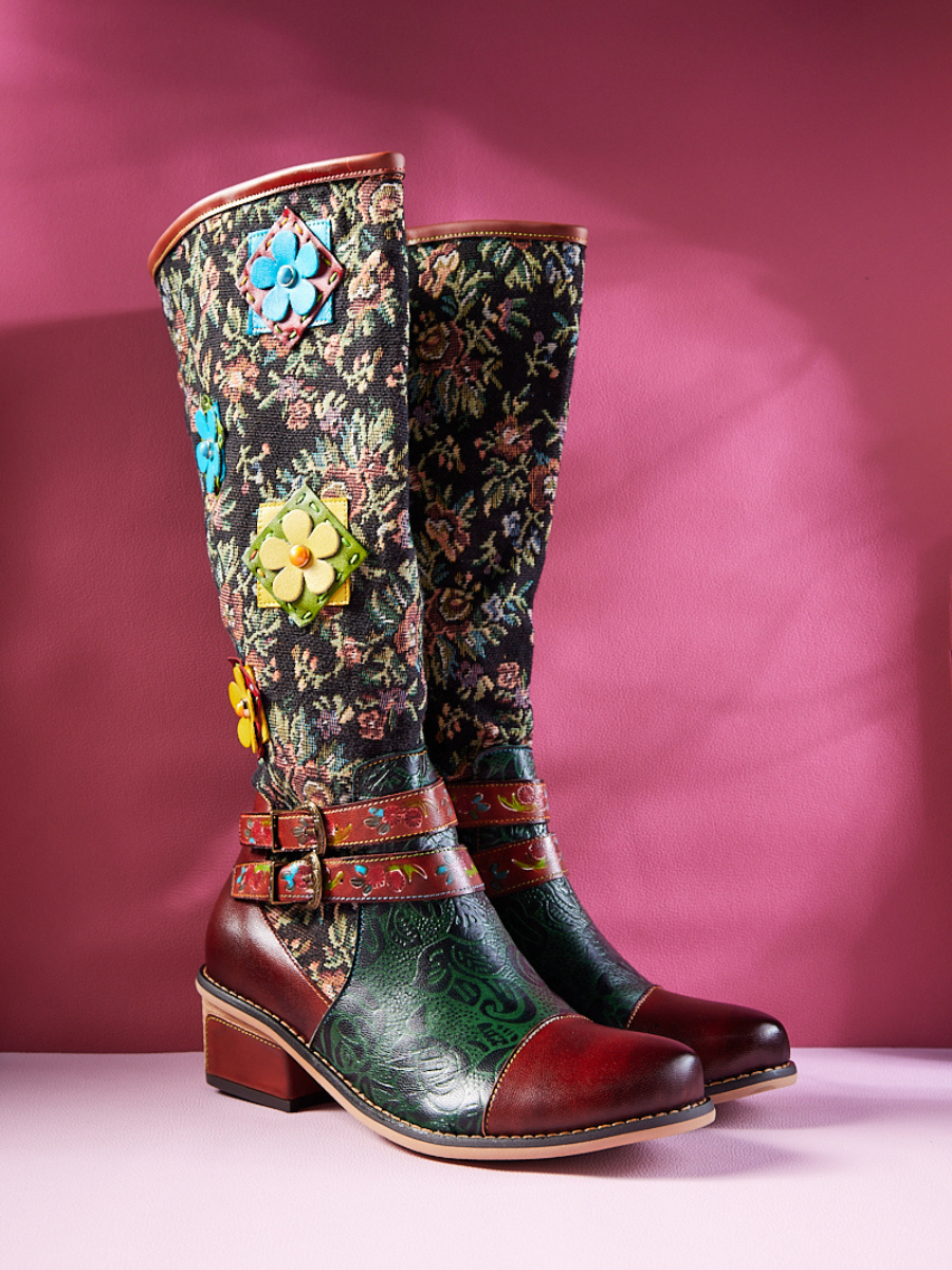 Vicconfy | Daniella Paisley Wide Calf Leather Knee High Boots