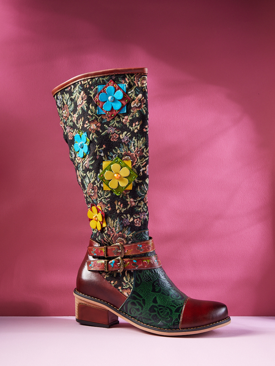 Vicconfy | Daniella Paisley Wide Calf Leather Knee High Boots
