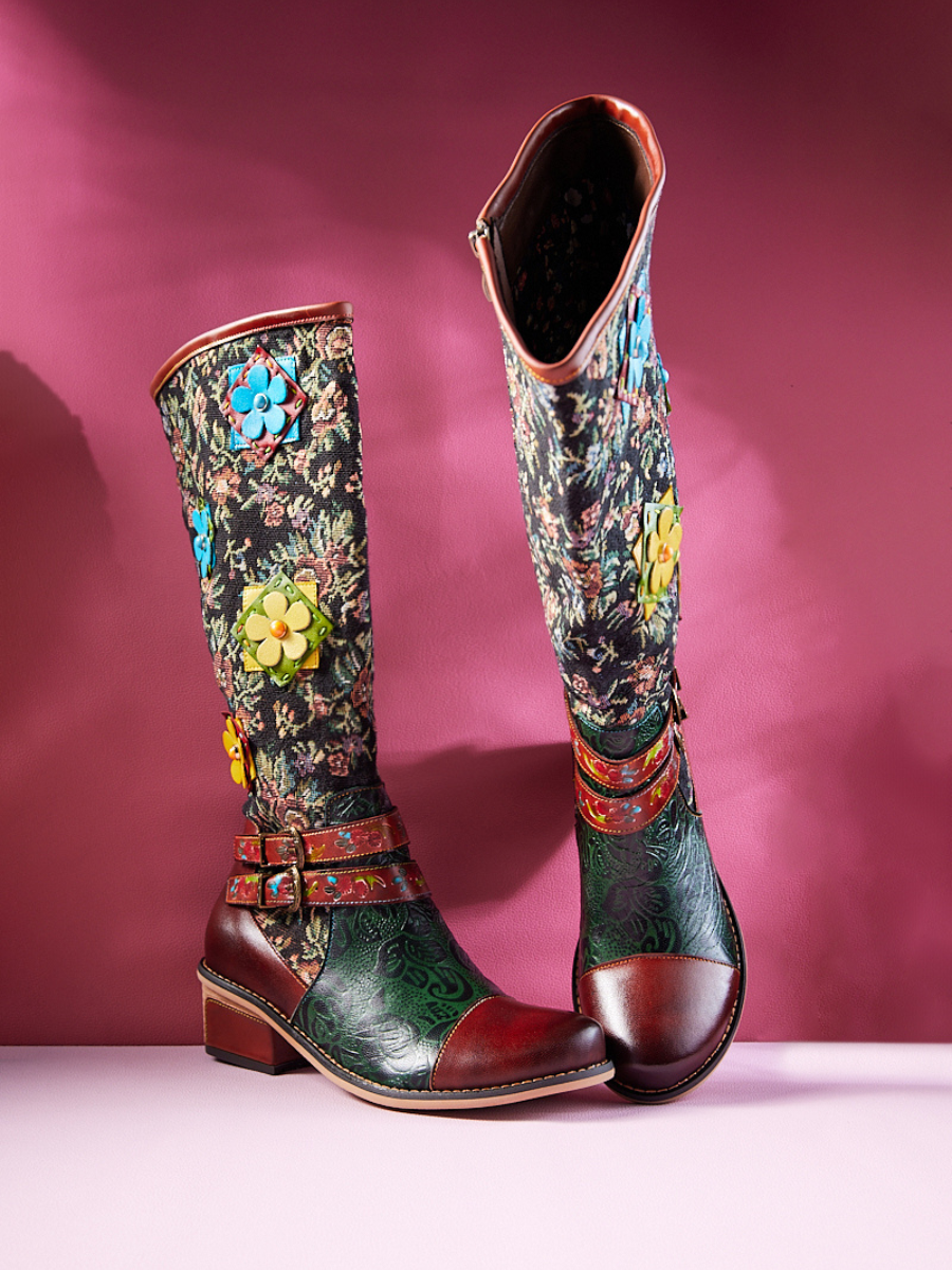Vicconfy | Daniella Paisley Wide Calf Leather Knee High Boots