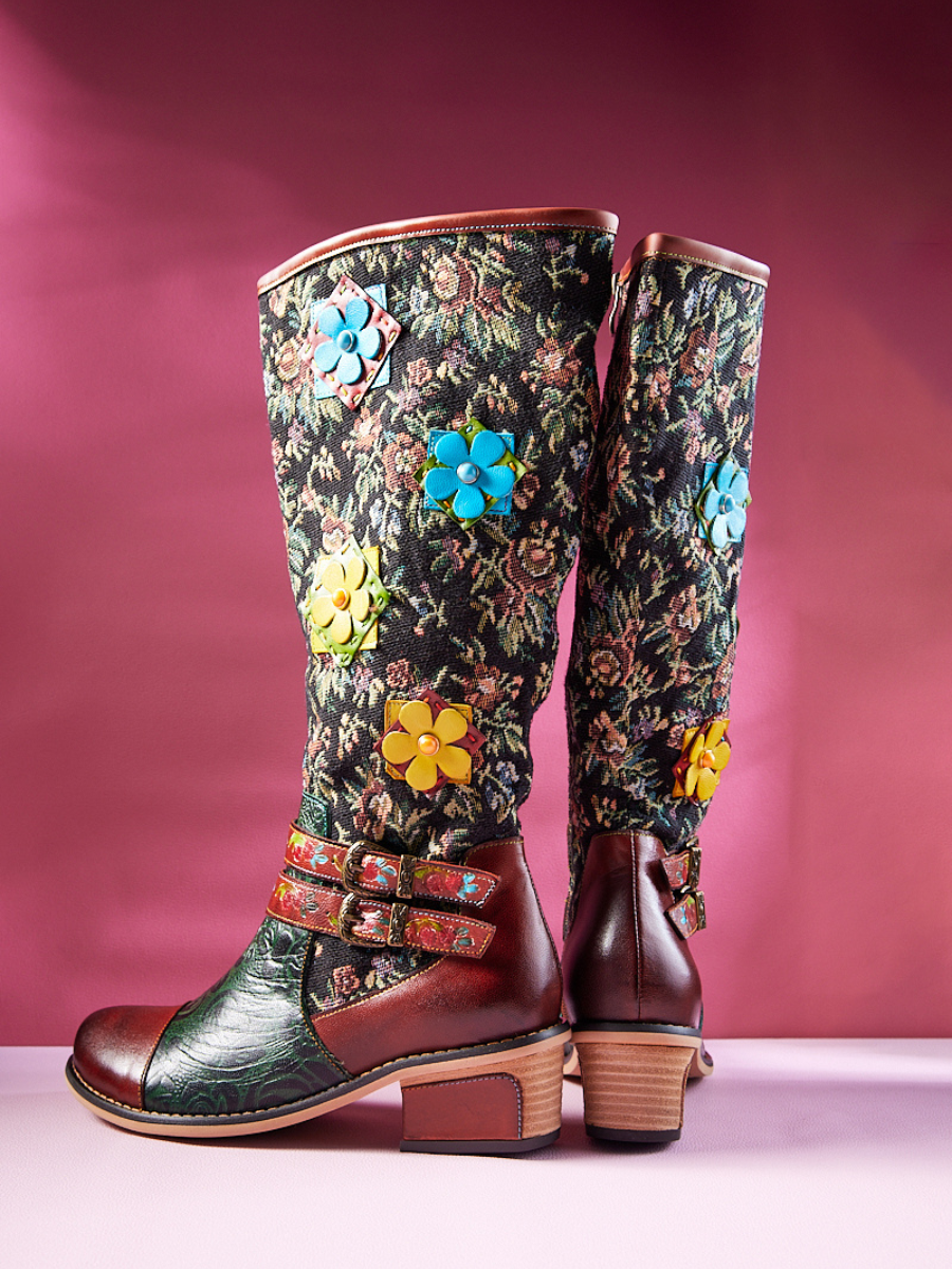 Vicconfy | Daniella Paisley Wide Calf Leather Knee High Boots