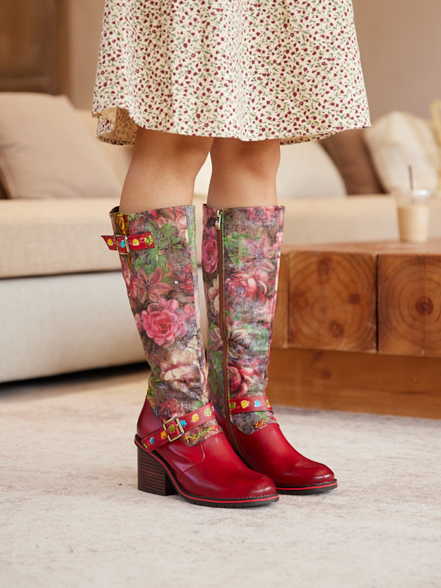 Vicconfy | Maude Floral Wide Calf Leather Knee High Boots
