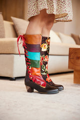 Vicconfy | Delora Floral Contrast Stripe Wide Calf Leather Knee High Boots