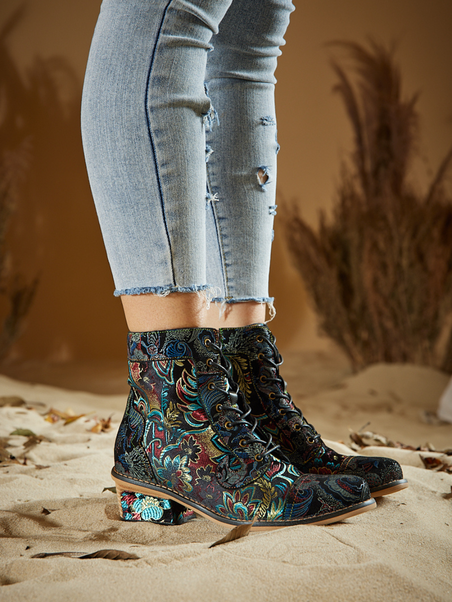 Vicconfy | Frances Floral Leather Block Heel Ankle Boots