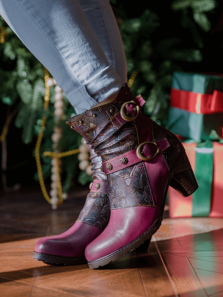 Vicconfy | FLORAL EMBOSSED BUCKLE UP LEATHER BOOTIE - VIOLET