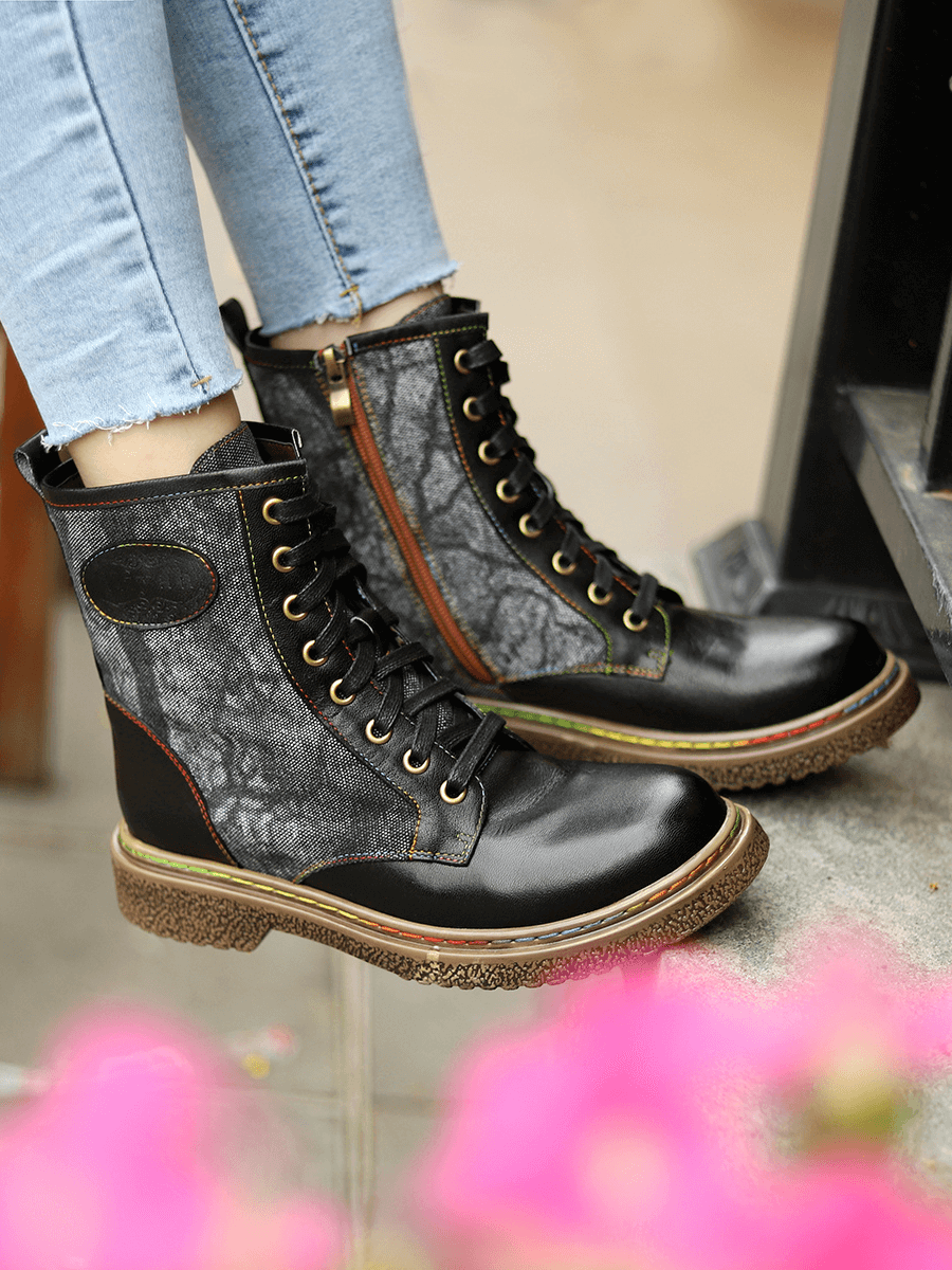 Vicconfy | Tie Dye-Contrast Genuine Leather Combat Boots