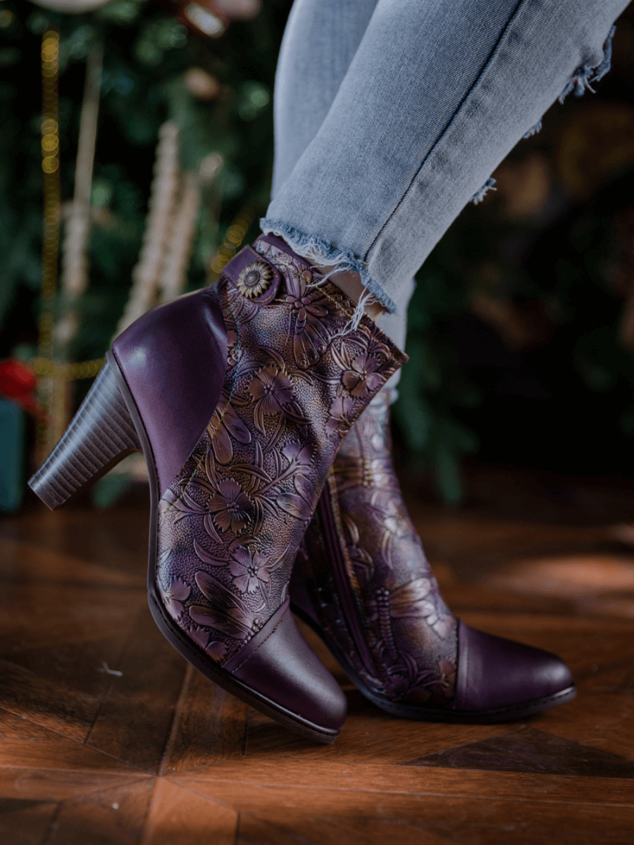 Vicconfy | FLORAL EMBOSSED METALLIC LEATHER ANKLE BOOT - PURPLE