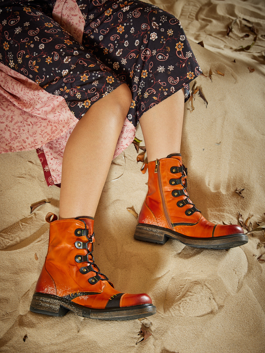 Vicconfy | Pumpkin Stepper Leather Combat Boots