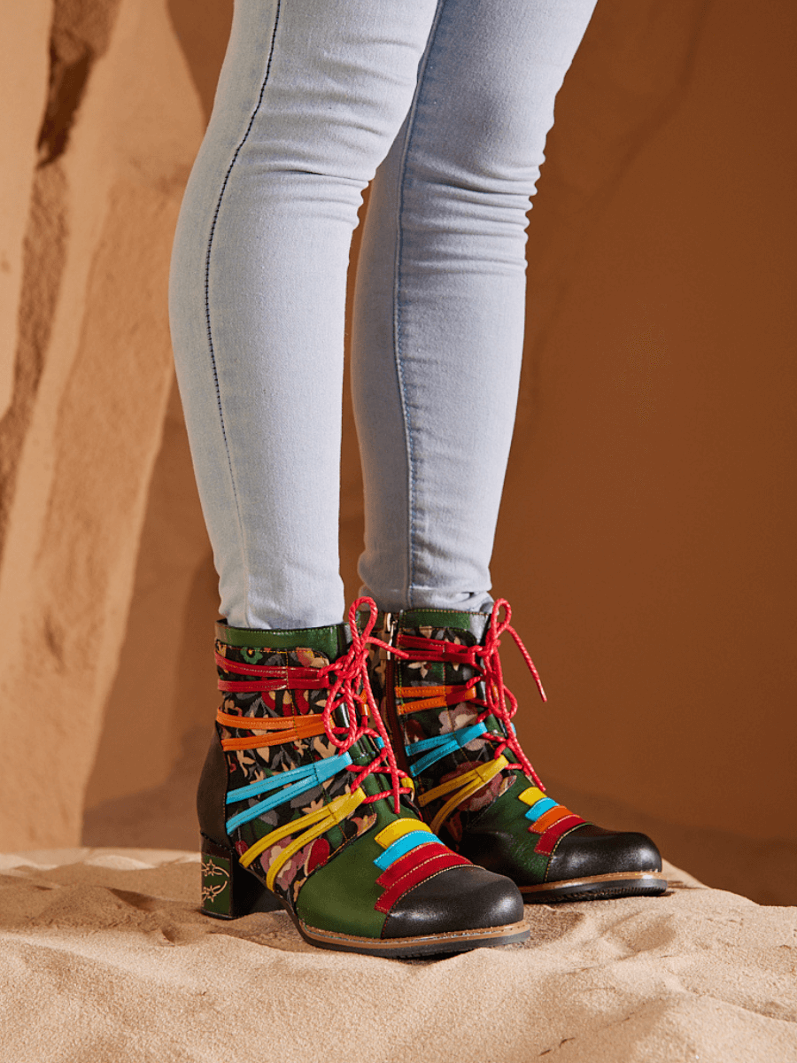 Vicconfy | Desert Express Floral Leather Combat Boots