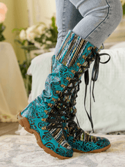 Vicconfy | ROSE EMBOSSED TEAL LEATHER TIE-ACCENT BOOT
