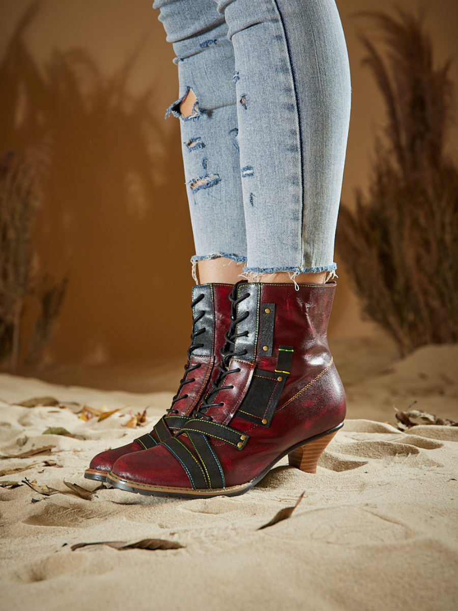 Vicconfy | Felicia Patchwork Leather Kitten Heel Ankle Boots