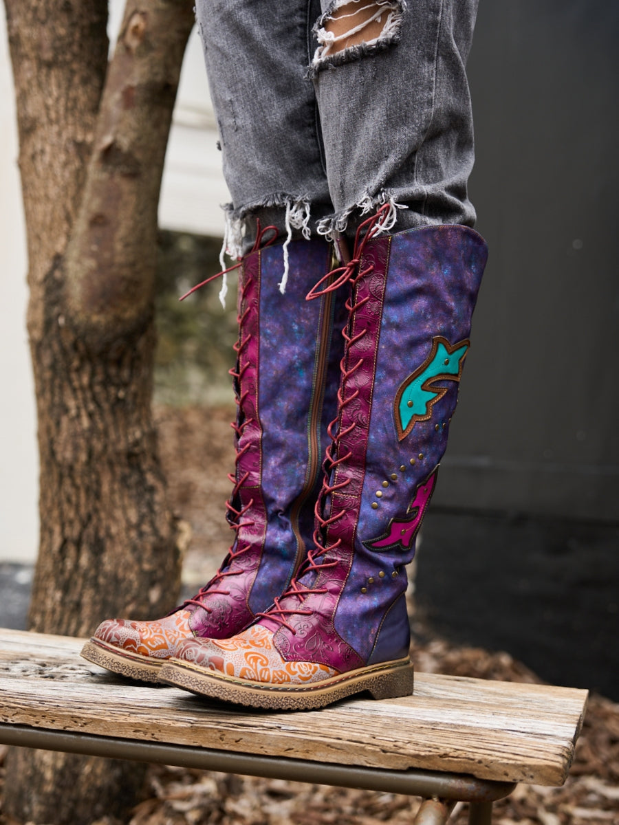 Vicconfy | Full of Whimsy Floral Embossed Leather Knee-High Boots