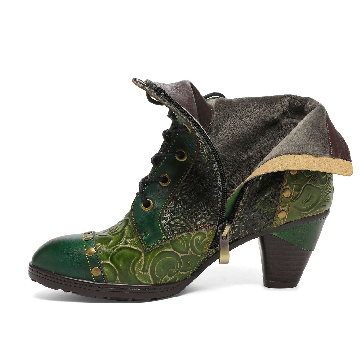 Vicconfy Retro Handmade Leather Patchwork Ankle Boots