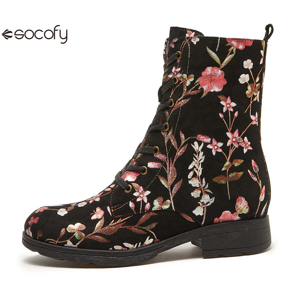 Vicconfy Autumn and winter warm and wear-resistant mid-calf round-toe cowhide leather fashion boots