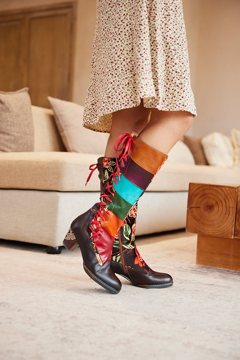 Vicconfy | Delora Floral Contrast Stripe Wide Calf Leather Knee High Boots