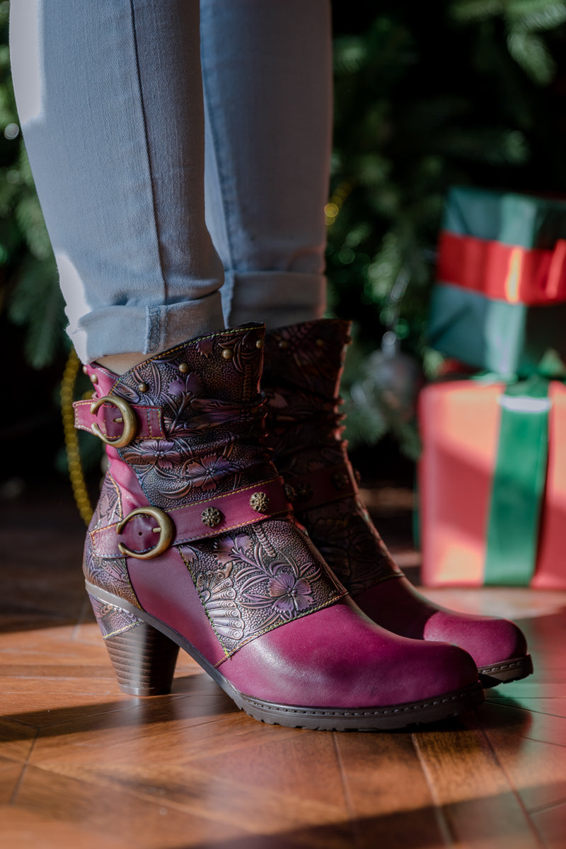Vicconfy | FLORAL EMBOSSED BUCKLE UP LEATHER BOOTIE - VIOLET
